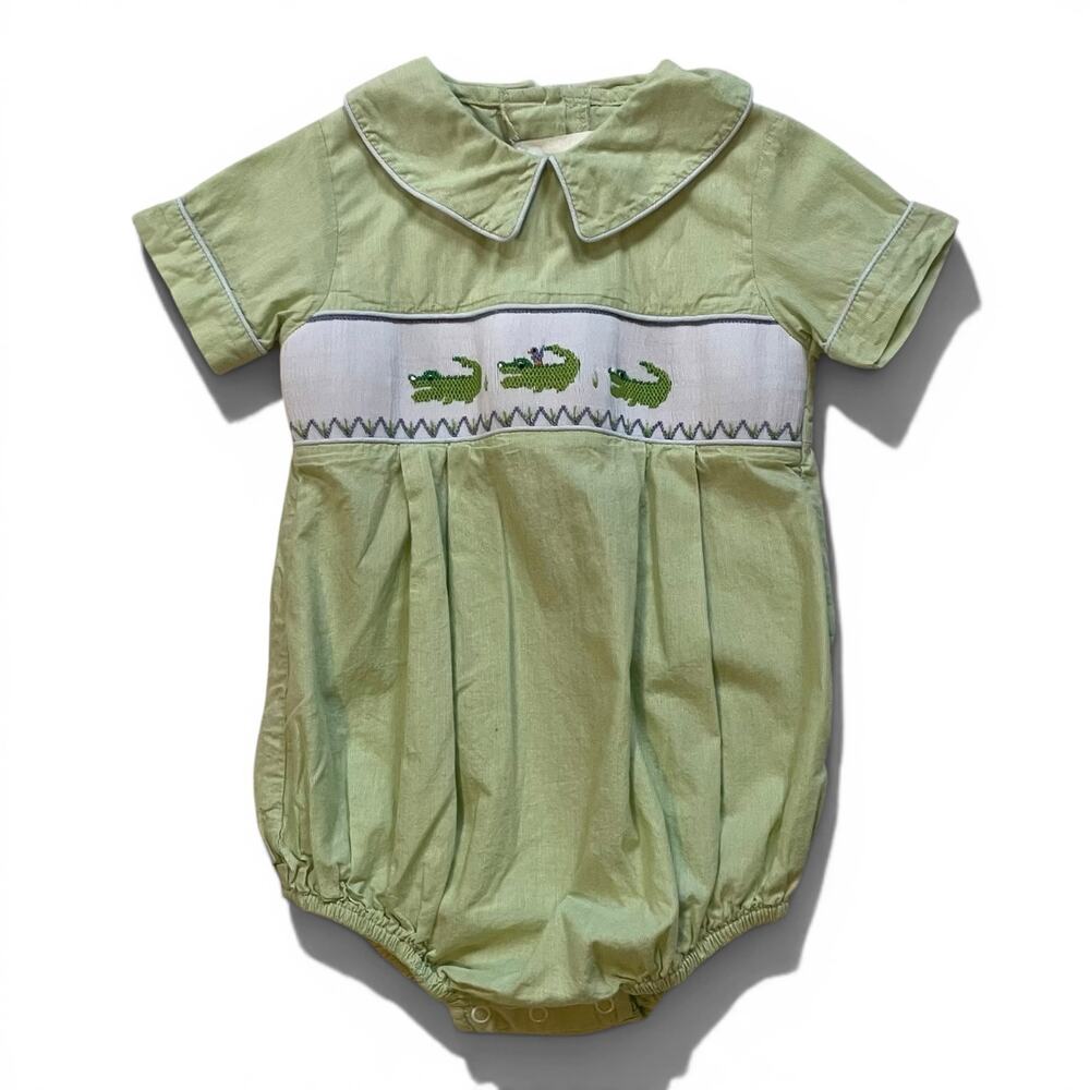 Shrimp & Grits Kids Smocked Alligator Bubble Romper 24M Green
